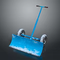 Blue Snow Shovel With Wheels And Snow On Blade For Winter Snow Removal Equipment